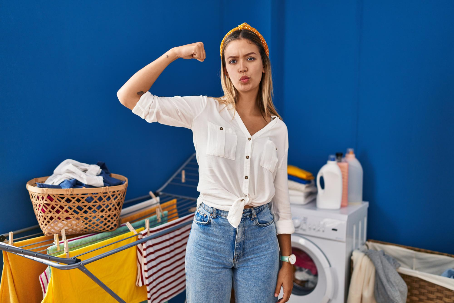 blonde woman at laundry room