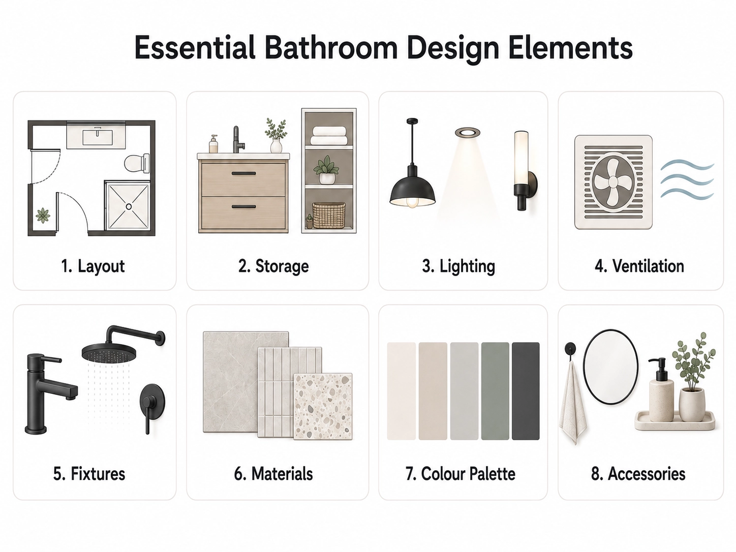 Infographic showing the eight essential elements of a well-designed bathroom